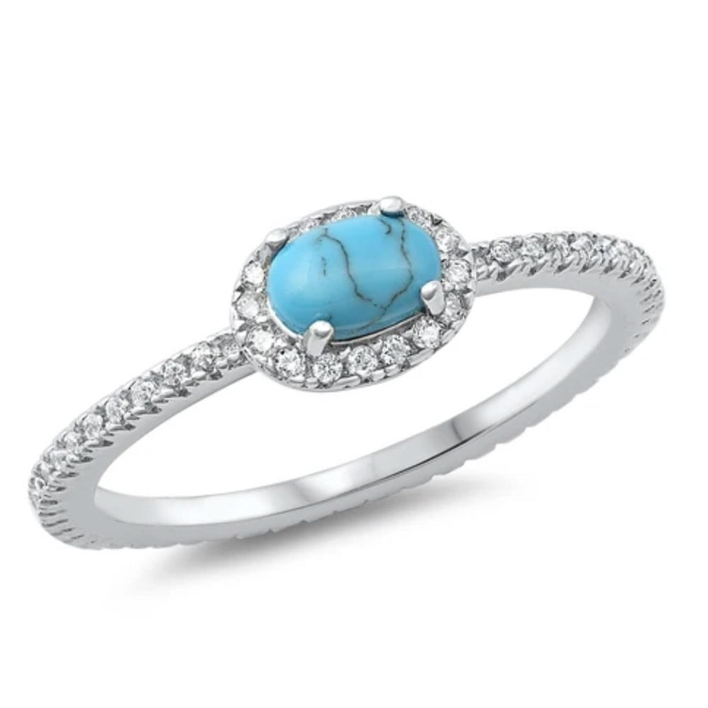 Sterling Silver Ring – Simulated Turquoise with CZ Halo (Size 8)